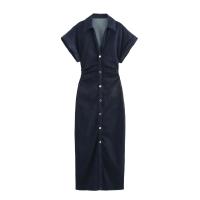 Vestido Midi De Denim Plegado TRAF Para Mujer Elegante Casual Con Manga Corta Chic Para Comunicación Diaria Vestido Midi A-Line Sin Estiramiento - details 1