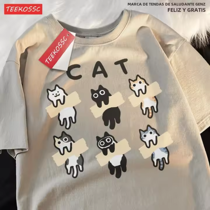 Camiseta De Hombre Con Estampado De Gato Negro Y Orange Diseño De Dibujos Animados Retro Divertido Para Jóvenes Camiseta Corta Para Ocio Al Aire Libre Verano - 1