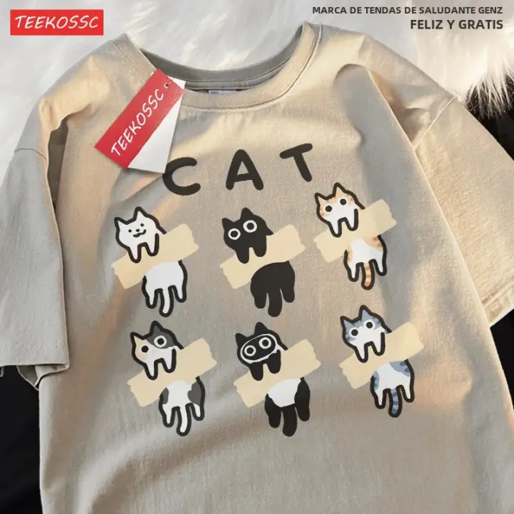 Camiseta De Hombre Con Estampado De Gato Negro Y Orange Diseño De Dibujos Animados Retro Divertido Para Jóvenes Camiseta Corta Para Ocio Al Aire Libre Verano - 1
