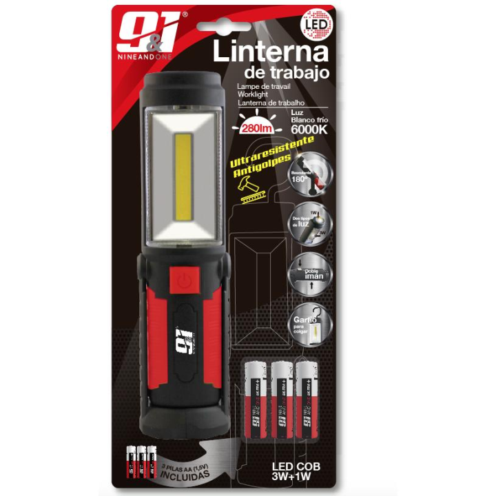 ORION91oficial® - Pack X 2 Poténte Linterna LED COB portátil de 280 lúmenes, luz de trabajo 6000K, magnética recargable, soporte de 180 grados, 3xAA (Incluidas) lámpara colgante para el trabajo - spaziOrion91