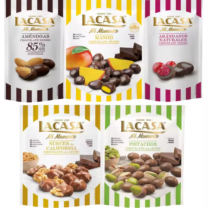 Lacasa Mi Momento pack de 5:Arándano choco Negro 60G,Almendra 85% 65G,Nueces Leche 115G,Pistacho Leche 100G,Mango choco Negro 115G - 1