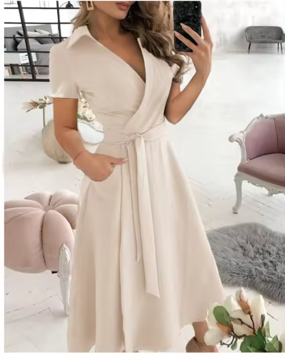 Vestido Largo De Verano Para Mujer Con Cuello En V Estampado Ajustado a La Cintura Y Manga Larga Moda Primavera/Verano Suave Versátil Y Elegante - 1