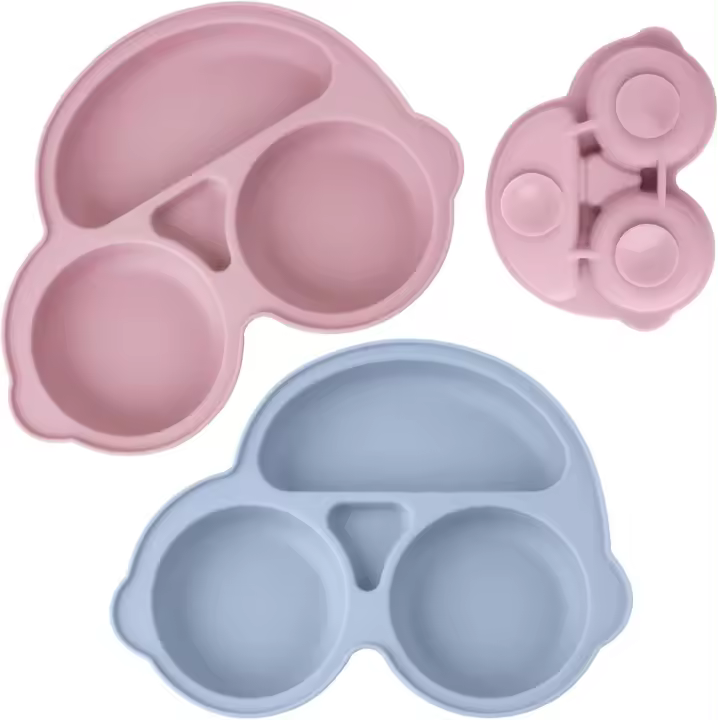 Platos de silicona para bebés, platos infantiles, paquete de 2, juego de platos con compartimentos y ventosa, sin BPA, aptos para microondas y lavavajillas (azul y rosa) - 1