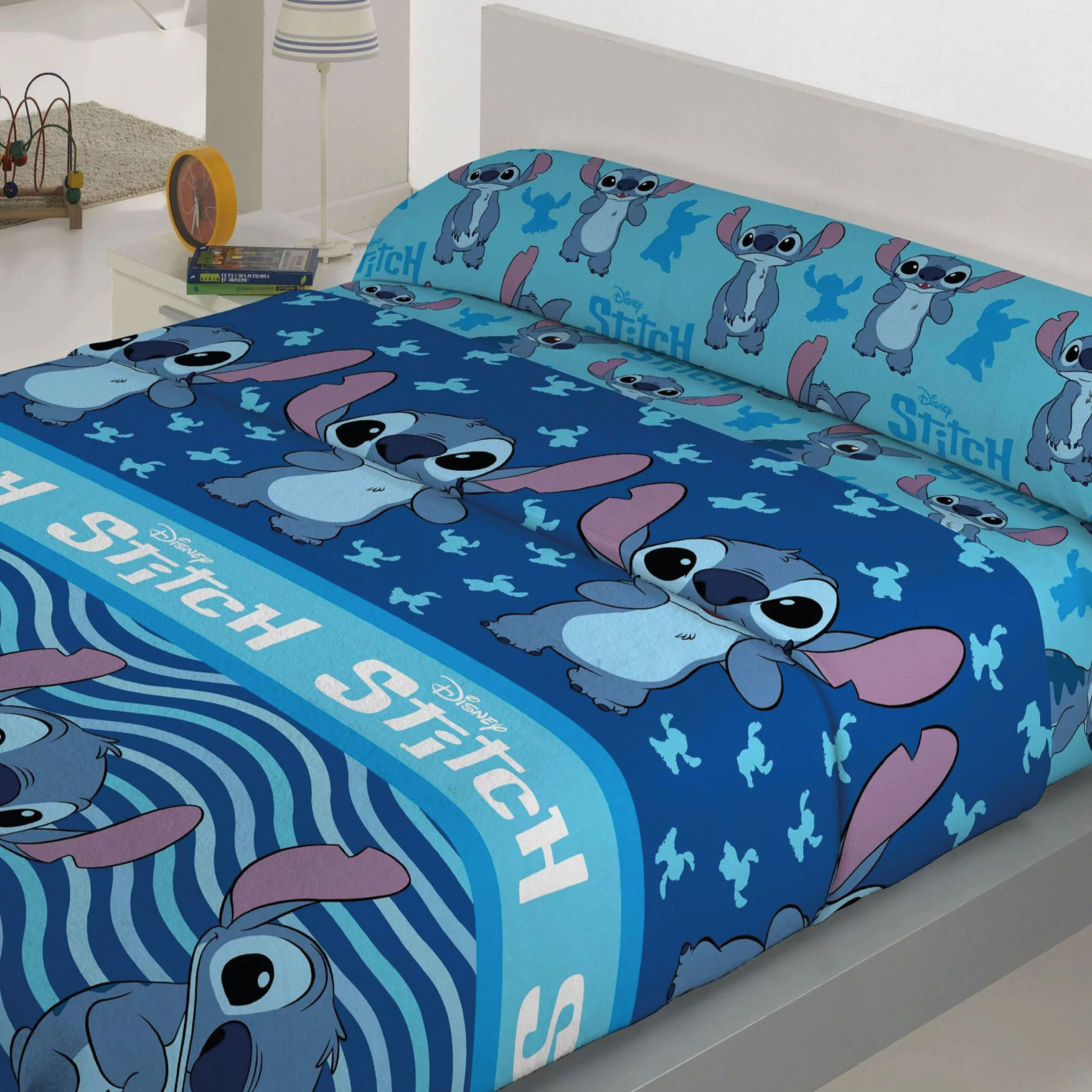Stitch - Juego De Sábanas Coralina Invierno Stitch Azul Infantil Tacto suave Aterciopelado (90 - 105 cm)