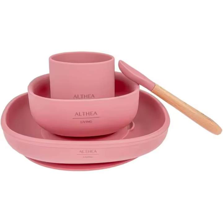 Vajilla bebé silicona orgánica Juego de 4 piezas: Plato cuadrado, cuenco con ventosa, vaso de aprendizaje y cuchara de bambú - Althea Living - 1