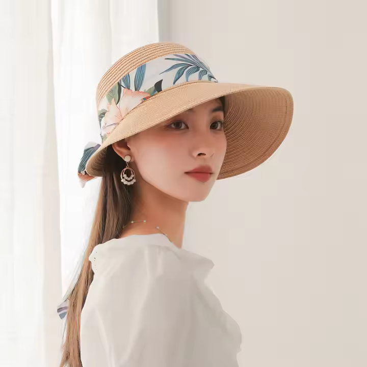 Sombrero De Sol Para Mujer Grande Con Hojas Y Lazo Protección Solar Y Sombra De Vacaciones De Verano Para La Playa - 1