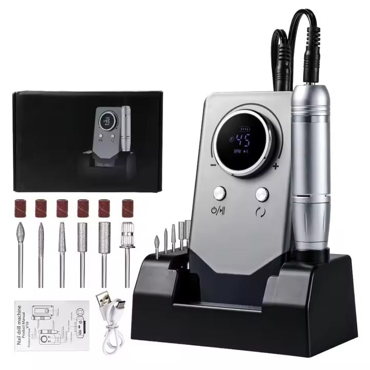 Taladro de uñas portátil de 45000 RPM, lima de uñas eléctrica, kit de taladro de uñas Efile recargable profesional con 6 brocas para uñas y base, máquina perforadora de uñas para pulido de uñas acrílicas en gel - 1