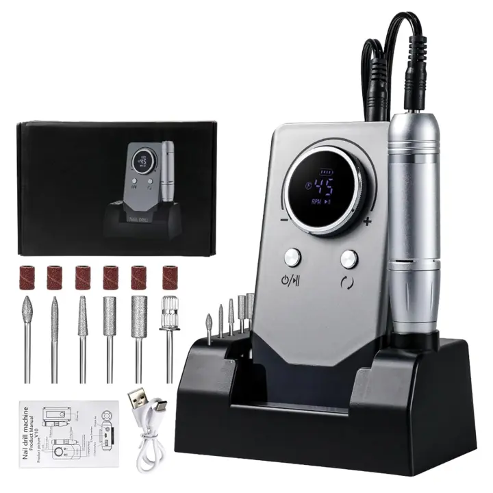BIT Taladro de uñas portátil de 45000 RPM, lima de uñas eléctrica, kit de taladro de uñas Efile recargable profesional con 6 brocas para uñas y base, máquina perforadora de uñas para pulido de uñas acrílicas en gel - 1