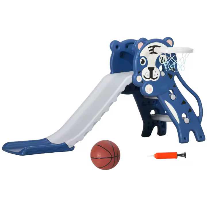 AIYAPLAY Tobogán Infantil 2 en 1 Tobogán para Niños de 18 a 36 Meses con 2 Escaleras 1 Canasta de Baloncesto y Patrón de Tigre para Interior 133x60x70 cm Azul y Gris - 1