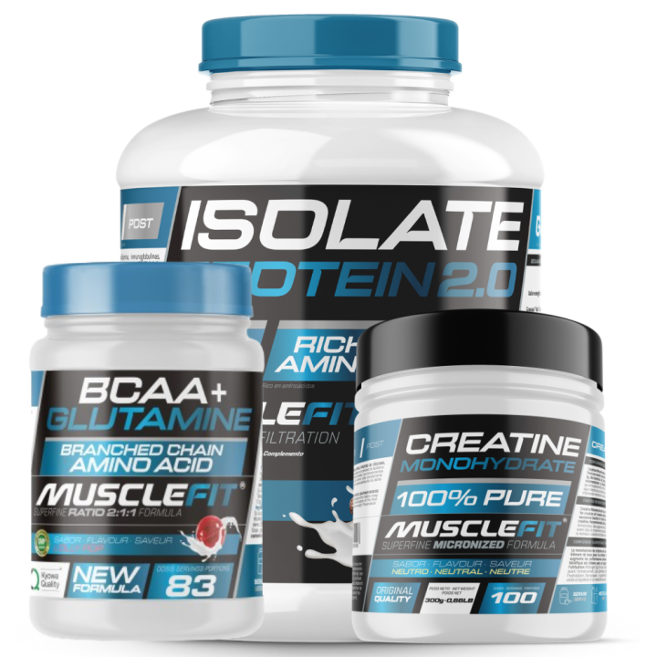 MUSCLEFIT Pack Súper Ahorro Proteína ISO 2kg + Glutamina + BCAA 500g + Creatina Monohidrato 300g