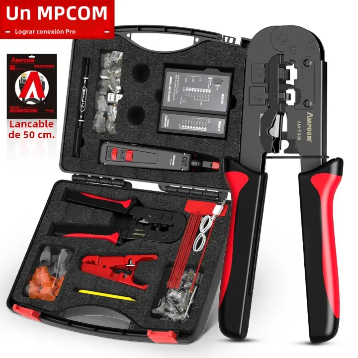 Set De Herramientas De Reparación De Enlaces AMPCOM RJ45 Con Prueba De Red Y Cortador De Cable 12 En 1 Incluye Conectores RJ45 RJ11 Herramienta De Punchedown Para Cable Ethernet - 1