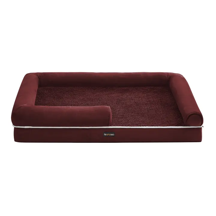 Feandrea Cama Ortopédica para Perros, Sofá, Cama para Mascotas, Acolchado Suave, Bordes Elevados, Funda Extraíble y Lavable, 120 x 85 x 20 cm, Antideslizante, Azul Carbón/Rojo Baya - 1