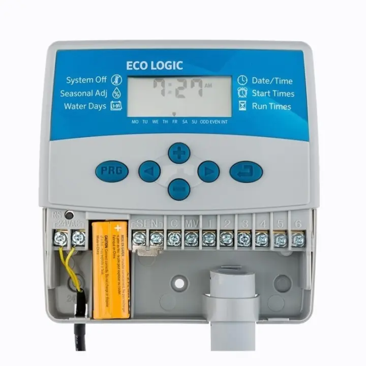 Programador de riego eléctrico Eco Logic 6 estaciones Interior Hunter Programador eléctrico que permite controlar hasta 6 zonas de riego con electroválvulas a corriente 24V. 2 programas independientes con 4 horas de inicio por programa. Tiempo de - 1
