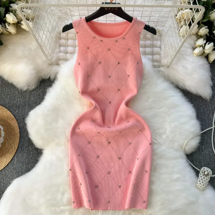 Vestido Mini De Encaje Para Mujer Verano Sin Mangas Camisola Bodycon Elegante Con Diamantes Cuello Redondo Ajustado - 1