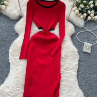 Vestido De Punto Para Mujer REALEFT Otoño Invierno Con Abertura Lateral Y Cuello Redondo Manga Larga Solido Vestido Recto De Oficina - details 20