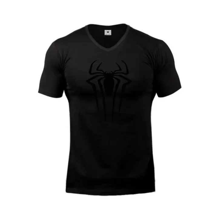 Camiseta De Hombre Con Estampado De Araña Negra Verano Casual Transpirable Algodón Manga Corta Cuello V Ajustada Deportiva - 1