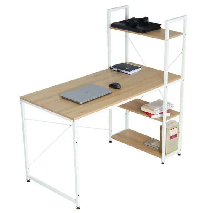 Mesa Escritorio Librería Oficina Estilo Nórdico en Blanco y Taupe con 3 Estantes 120x112x60 cm - 1