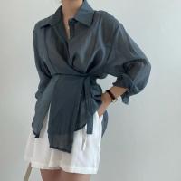 Camisa Casual Para Mujer Suelta Con Cinturón Y Cuello En V Vintage De Manga Larga Transpirable Para Oficina Y Uso Diario - details 10