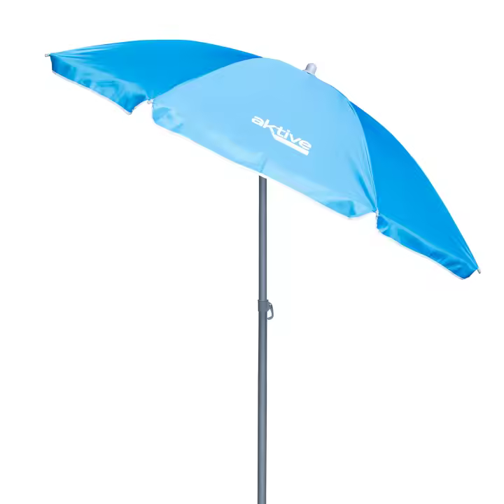 Aktive - Sombrilla playa antiviento 180 cm, 200 cm o 220 cm, Max Air, azul, forma octogonal, poliéster con protección UV50 y revestimiento plateado, 8 varillas fibra de vidrio, mástil inclinable Ø28/32 mm, incluye funda con asa, con ventilación superior - 1