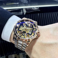 Reloj Mécanico De Lujo Para Hombres Con Cuarzo Automatico Y Esqueleto Dorado Iced out En Acero Inoxidable Reloj De Pulsera Casual Con Correa De Acero Inoxidable Y Luz Oscurecida - details 3
