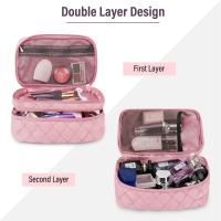 Bolsa de maquillaje para mujer, neceser portátil, grande, de doble capa, resistente al agua, color rosa - details 3