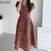 ZANZEA Vestido Midi Elegante Para Mujer Con Cintura Ajustada Estampado Floral Moda Coreana Manga Corta A-line Casual Fiesta - details 8