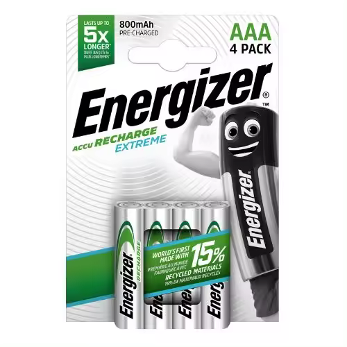 Energizer - Recargables, Pack de 4 pilas AAA 800 mAh, precargada, para dispositivos uso frecuente y cientos de recargas, sin sulfatación - 1