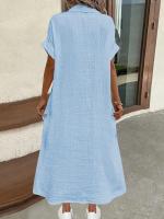 Vestido Casual De Verano Para Mujer Con Manga Corta Y Cuello En V Color Sólido Vestido Largo De Oficina Estilo Lady - details 5