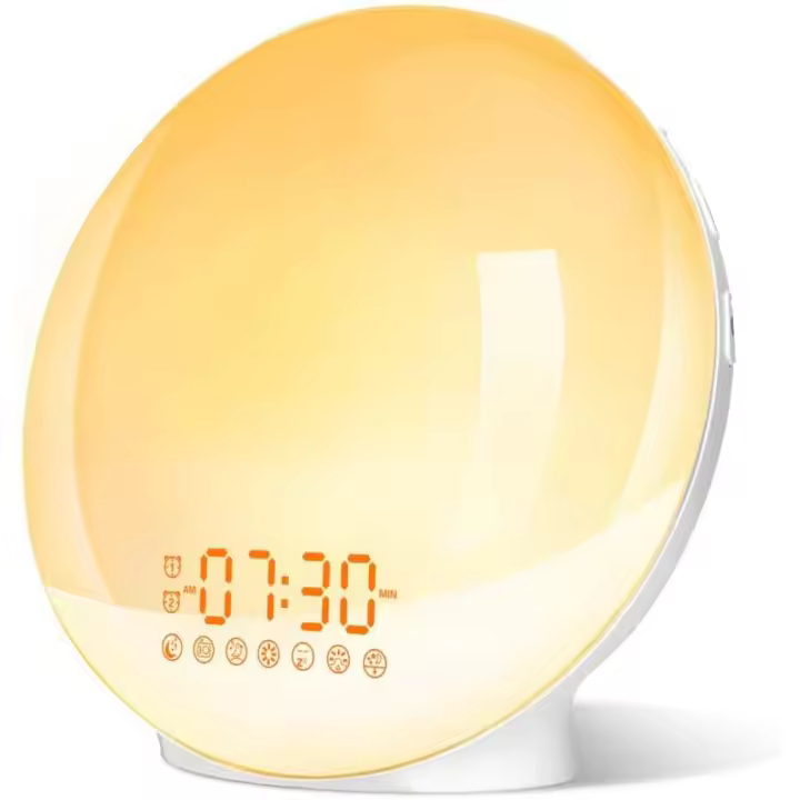 Radio despertador con luz LED, luz matutina, lámpara de noche, 20 niveles de brillo, simulador de amanecer y anochecer, 2 despertadores, 7 sonidos naturales, función de repetición, luz nocturna para niños, 7 colores (amarillo) - 1