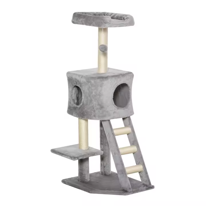 PawHut Rascador con escalera para gatos, árbol para gatos, árbol trepador para gatos, centro multiactividad de varios niveles, E1, MDF, sisal, gris claro, 60 x 48 x 122 cm - 1