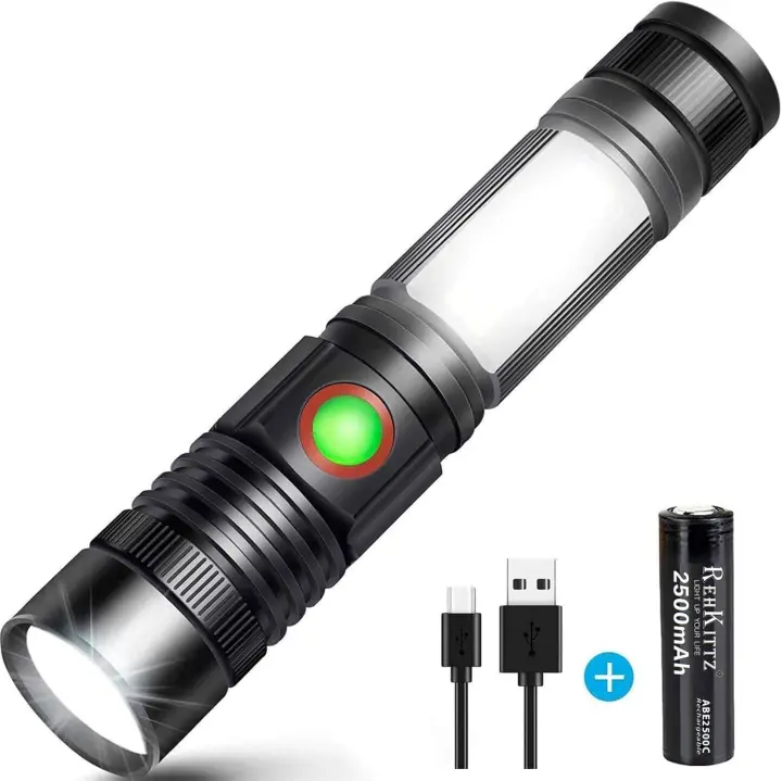 Linterna LED recargable por USB, potente lámpara militar COB, portátil, con zoom, para garaje, taller, camping, bricolaje (batería recargable 18650 incluida y base magnética) - 1
