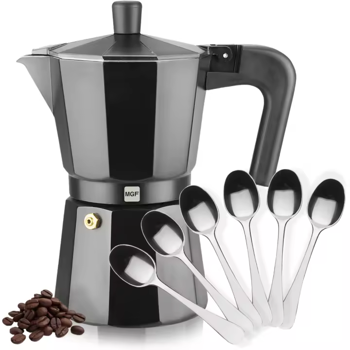 Magefesa Kenia Noir - Cafetera Italiana Negra + 6 Cucharillas Moka, Aluminio Esmaltado, Para Todas las Cocinas, NO APTA PARA INDUCCIÓN - 1
