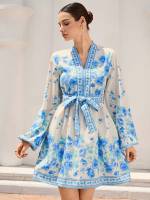 Vestido Elegante Para Mujer Con Manga Larga Y Cuello En V Estampado Con Cierre De Lazo Vestido Corto De Verano A-Line Regular Fit Polyester - details 14