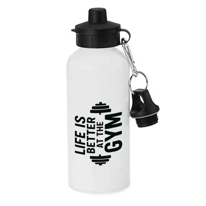 MERCHANDMANIA Bidón deportivo 600 ml acero inoxidable con chupón life is better at gym la vida es mejor en el gimnasio botella escolar deporte bicicleta - 1