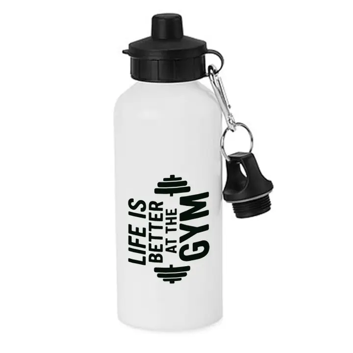 MERCHANDMANIA Bidón deportivo 600 ml acero inoxidable con chupón life is better at gym la vida es mejor en el gimnasio botella escolar deporte bicicleta - 1