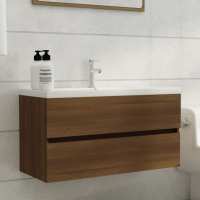 vidaXL Armario para lavabo madera contrachapada 90x38,5x45 cm en color Negro/Blanco brillante/Gris sonoma y más | almacenamiento funcional diseño moderno para baño dormitorio sala - details 7
