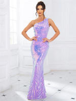 Vestido De Fiesta Largo De Encaje Con Un Hombro Sin Mangas Ajustado Para Mujer Color Azul Verde Rosa Lavanda Elegante Y Sexy - details 1