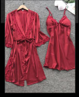 Conjunto De Pijamas Para Mujer Leepwear 2PCS Satinado Con Camisola De Encaje Y Bata De Noche V-Neck Longitud Pierna Completa Estilo Básico Para Novia - details 8