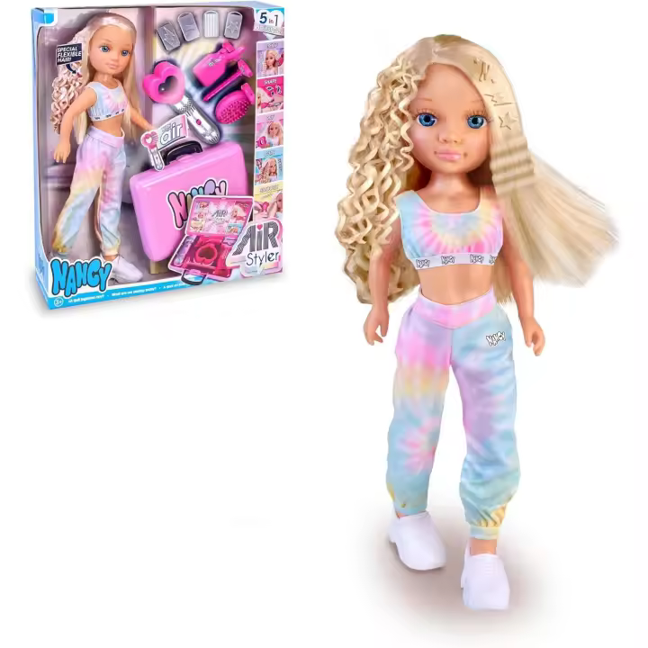 NANCY Air Styler, Muñeca con Herramienta de Belleza para Crear Peinados, Cinco Formas de Moldear el Pelo: Secar, Cepillar, Rizar, Alisar y Aplicar Formas, Cabello Flexible, +3 años, Famosa (NAC73000) - 1