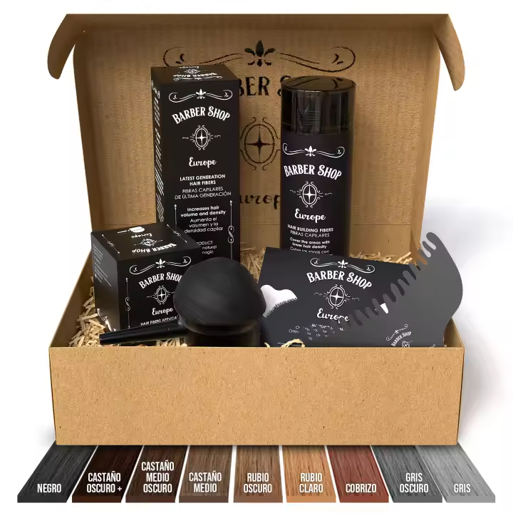 Barber Shop Europe - KIT Fibras Capilares X3 - Contiene - Fibra Capilar - Aplicador Fibras Capilares y Optimizador - Relleno Capilar Instantaneo - Hair Fibers - Polvos Pelo Hombre y Mujer - 1