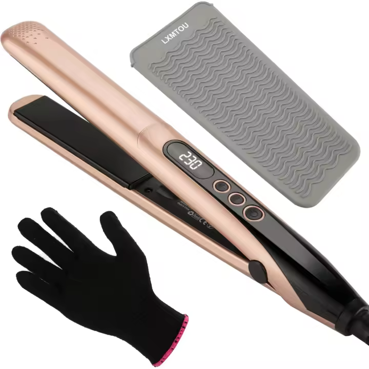 Plancha de pelo para mujer, plancha plana y rizador 2 en 1 de cerámica con alfombrilla resistente al calor, temperatura ajustable y doble voltaje. - 1