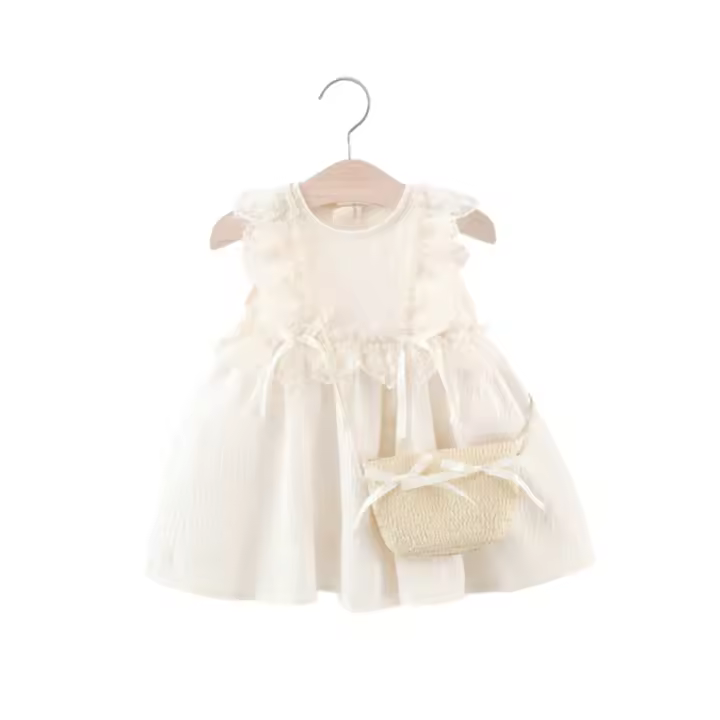 Vestido De Verano Para Niñas Con Encaje Y Sin Mangas Vestido De Princesa Con Falda Y Bolso De Canasta De Bambú Estilo Casual Material Poliéster Longitud De Pierna - 1