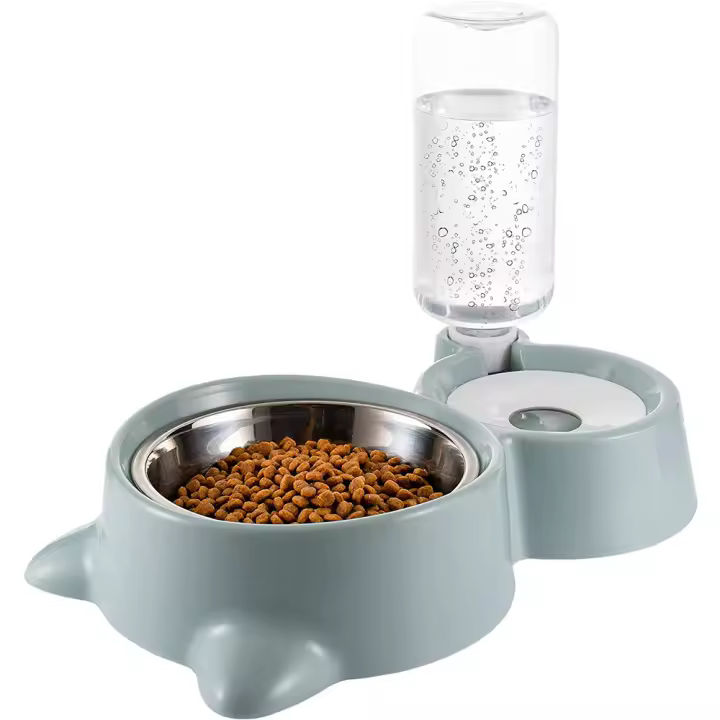 Cuenco doble para perros y gatos, juego de cuencos para agua y comida con cuenco extraíble de acero inoxidable, botella para beber automática, comedero para perros y gatos pequeños y medianos - 1