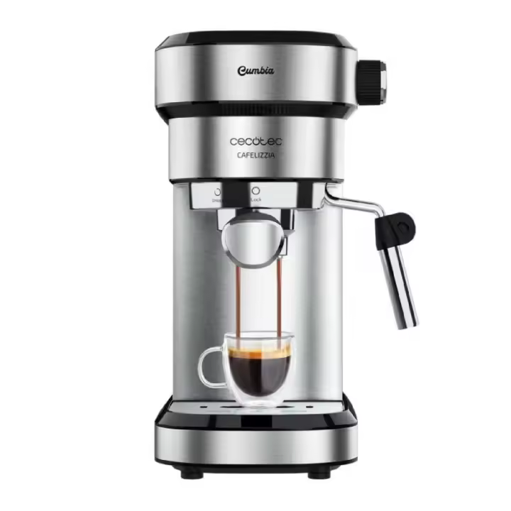 Cecotec Cafetera Express con Doble Salida Cafelizzia Steel. 1350W, Brazo Portafiltro con Dos filtros, Vaporizador Orientable, 20 Bares de Presión, Depósito Extraíble de 1,2L, Acero - 1