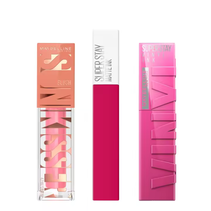 Maybelline New York | Kit estacional de tonalidades de Invierno. Con el colorete bronceador Sunkisser en Tono Blazing Blush, el pintalabios Superstay Vinyl Ink efecto vinilo fijo, en Tono 165 Edgy y el  Pintalabios Superstay Matte Ink acabado Mate ARTIST - 1