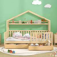 Cama Infantil color Madera, Cama Infantil Cama de Casa Con Cajones, Madera Maciza Con somier de lámparas, Cama de Casa de Pino, habitación Infantil y Juvenil, 90x200, color natural - details 0