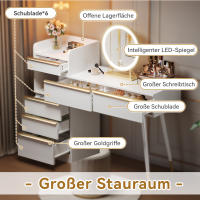Cómoda with Espejo LED Iluminado Regulable (Luz Fría/Caliente) | 6 Cajones with Tiradores Dorados en Bronce + Mesita Extensible | Diseño Moderno Blanco Matt-102x100x41.5 cm | Ideal para Baño/Dormitorio - Sin Taburete, montaje Facil - details 1