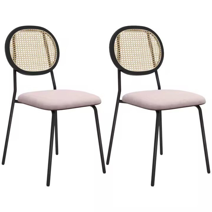 HOMCOM Pack de 2 Sillas de Comedor Sillas de Cocina con Respaldo de Ratán Sintético y Marco de Acero para Salón 44x54x87 cm Rosa y Negro - 1