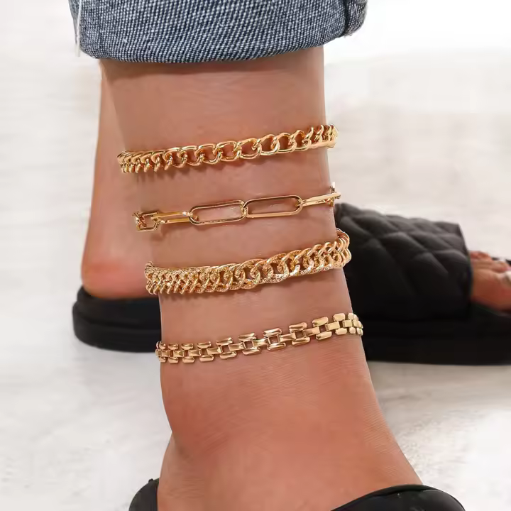 Juego De Pulseras De Tobillo En Color Oro Moda Para Mujer Accesorio De Joyería Trendy Sandalias De Playa Con Cadena Geométrica - 1