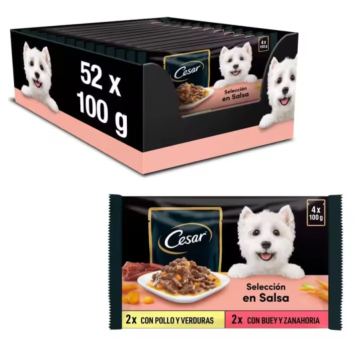 Cesar Pouch Selección Carnes en Salsa Comida Húmeda para Perros - (13 Packs de 4 unidades x 100gr) - 1